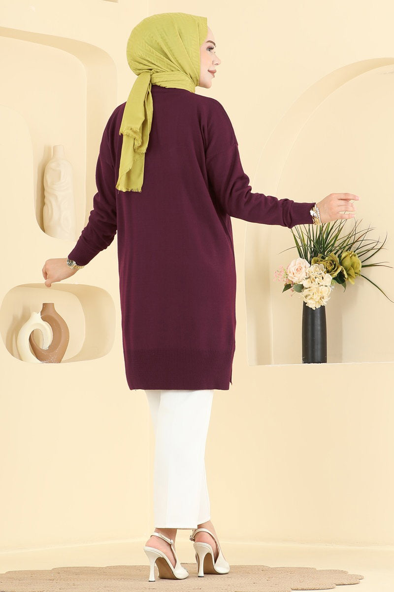 Relaxed Knit Tunic with Slits - Burgundy