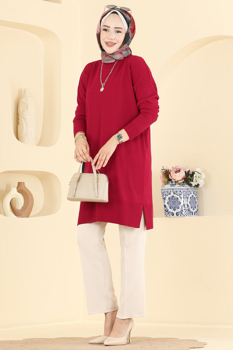 Relaxed Knit Tunic with Slits - Red