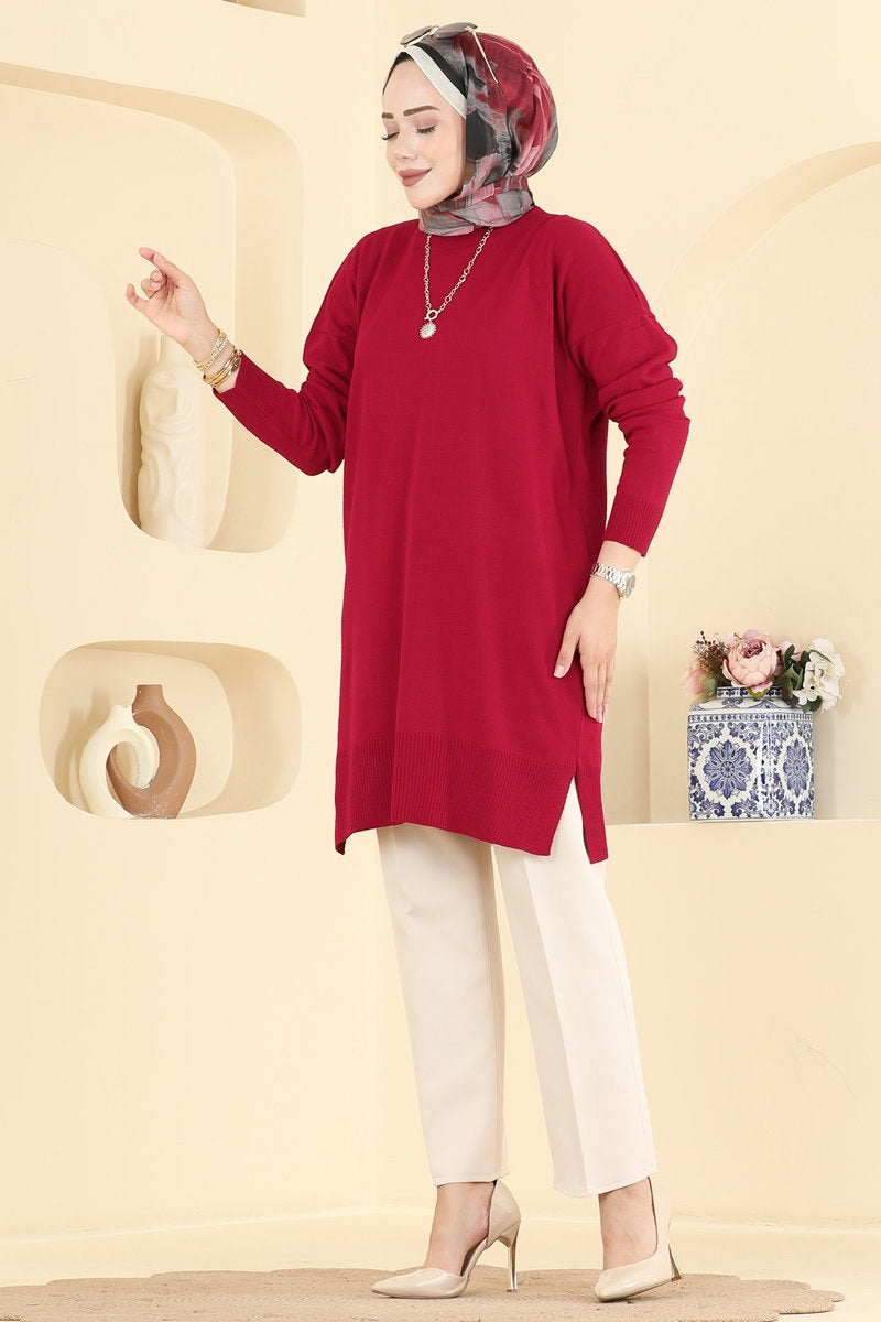 Relaxed Knit Tunic with Slits - Red