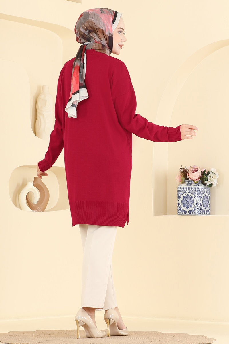 Relaxed Knit Tunic with Slits - Red