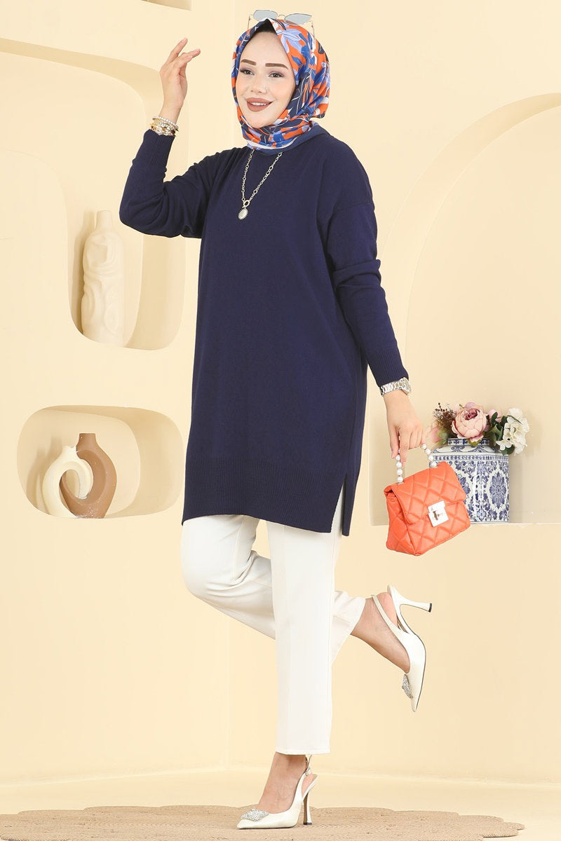 Relaxed Knit Tunic with Slits - Navy