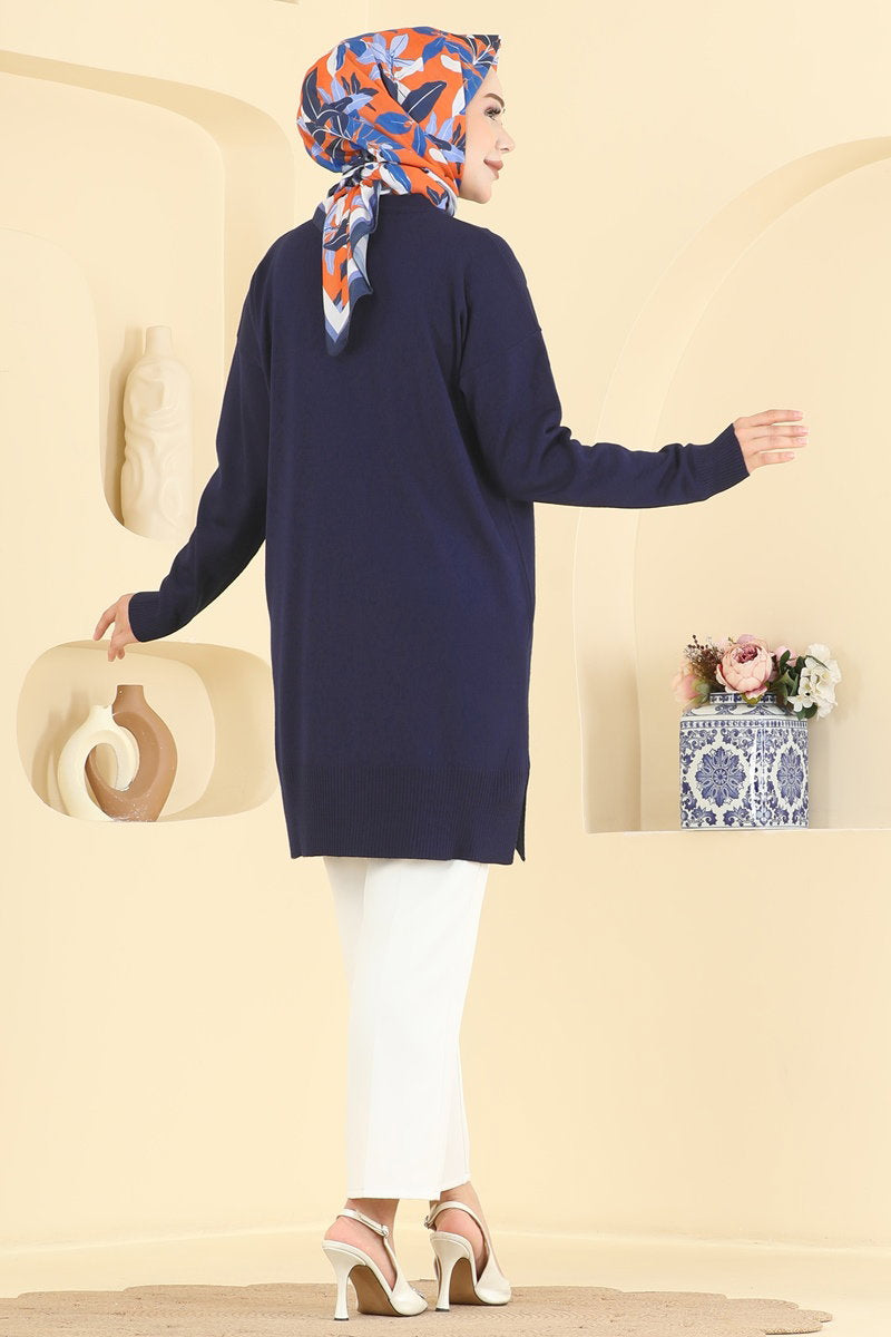 Relaxed Knit Tunic with Slits - Navy