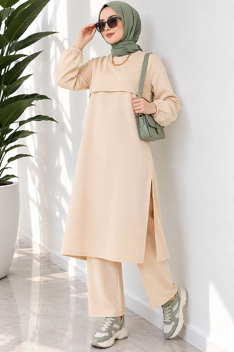 Long Two-Piece Set with Slits - Beige