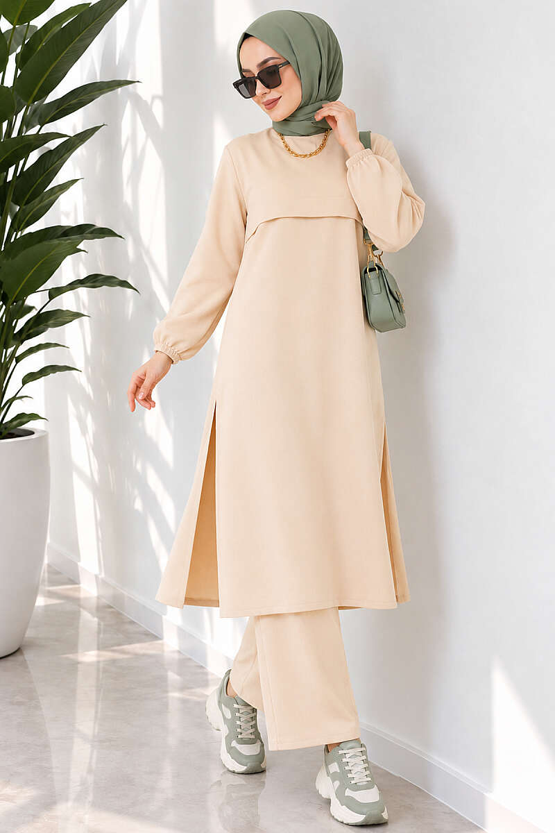 Long Two-Piece Set with Slits - Beige