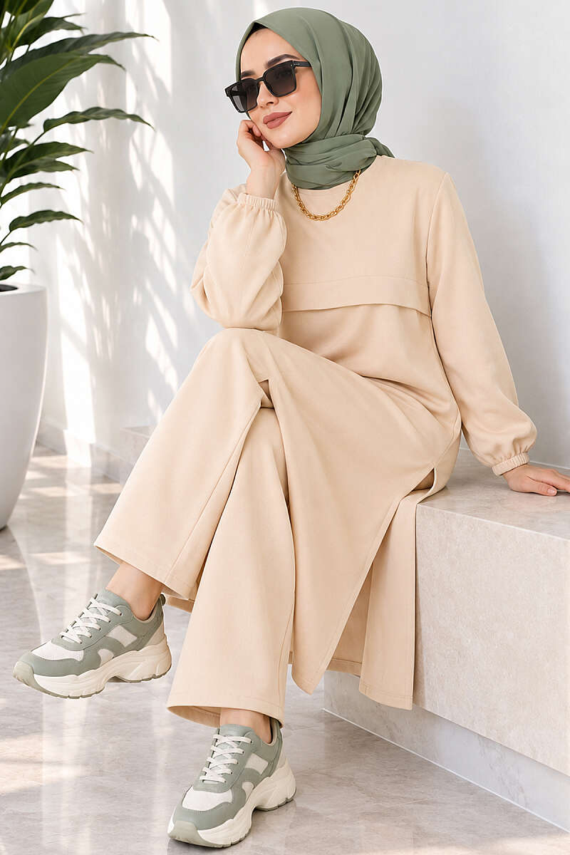 Long Two-Piece Set with Slits - Beige