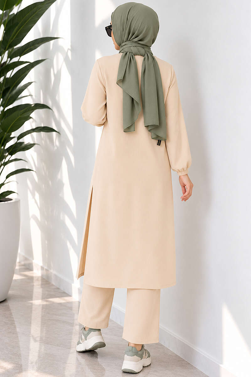 Long Two-Piece Set with Slits - Beige