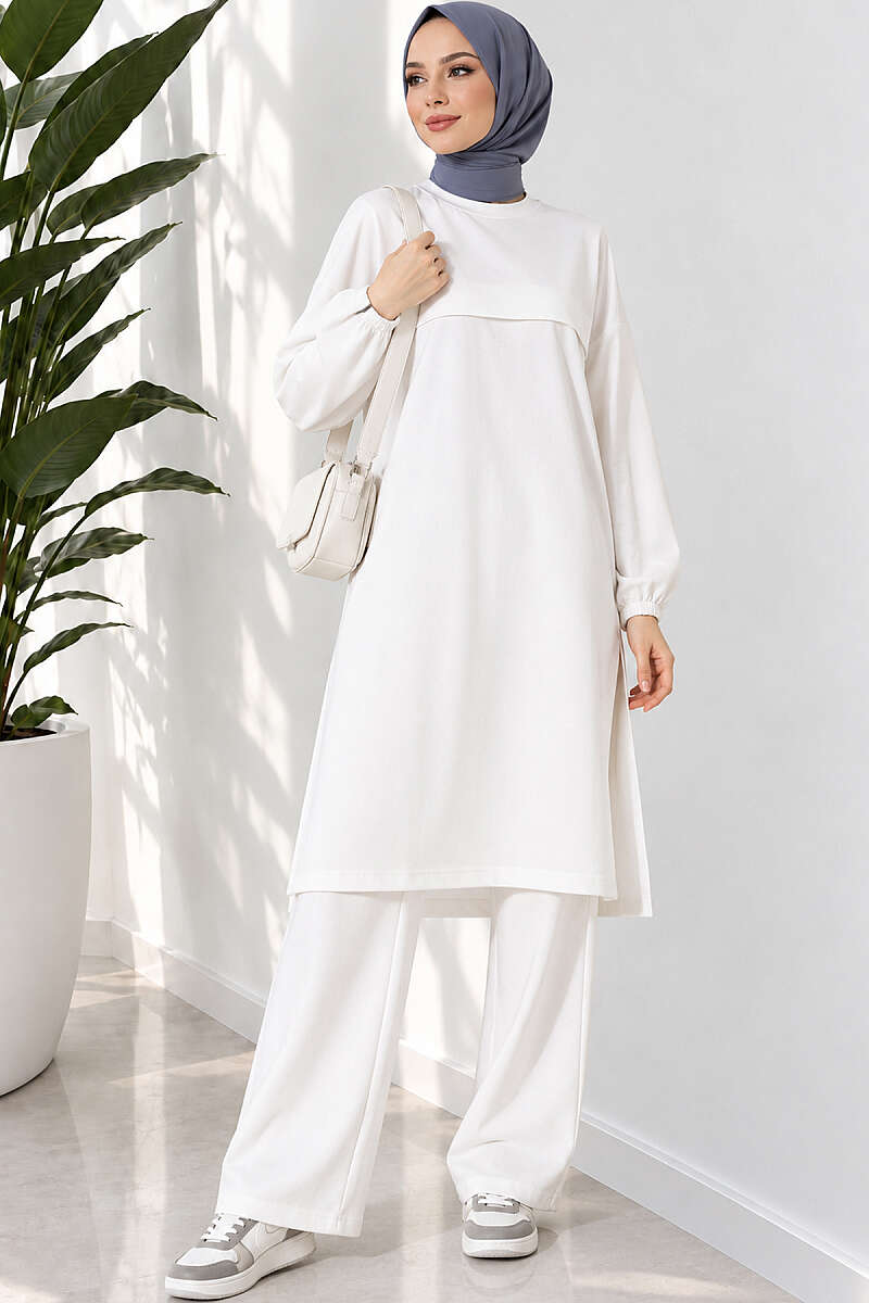 Long Two-Piece Set with Slits - White