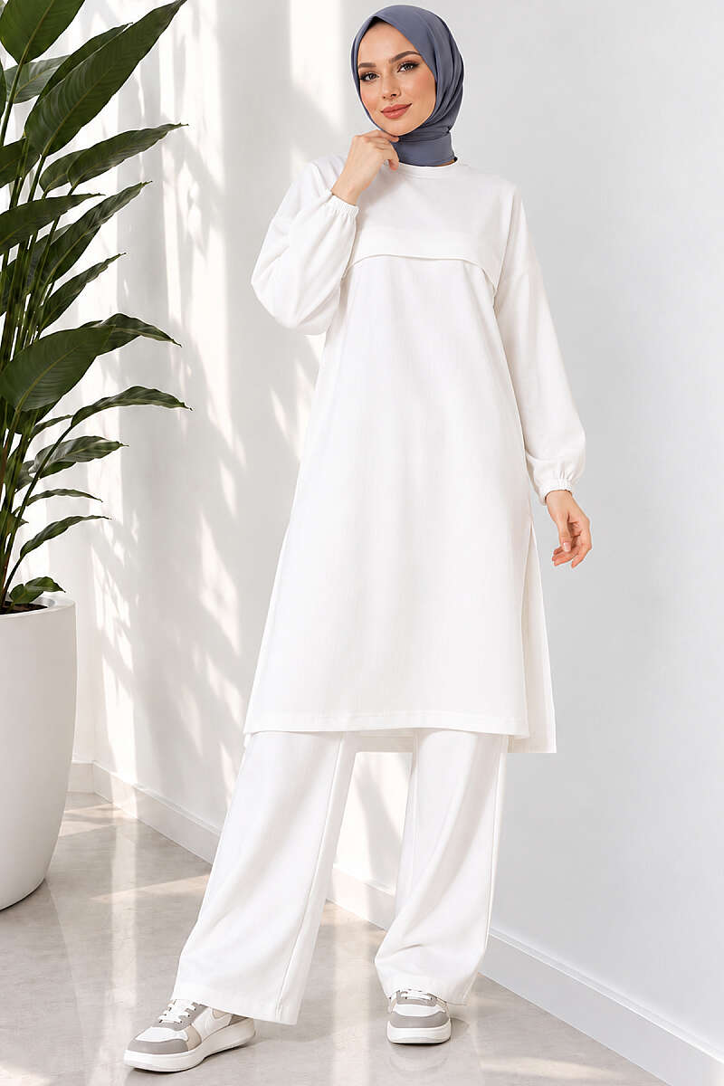 Long Two-Piece Set with Slits - White