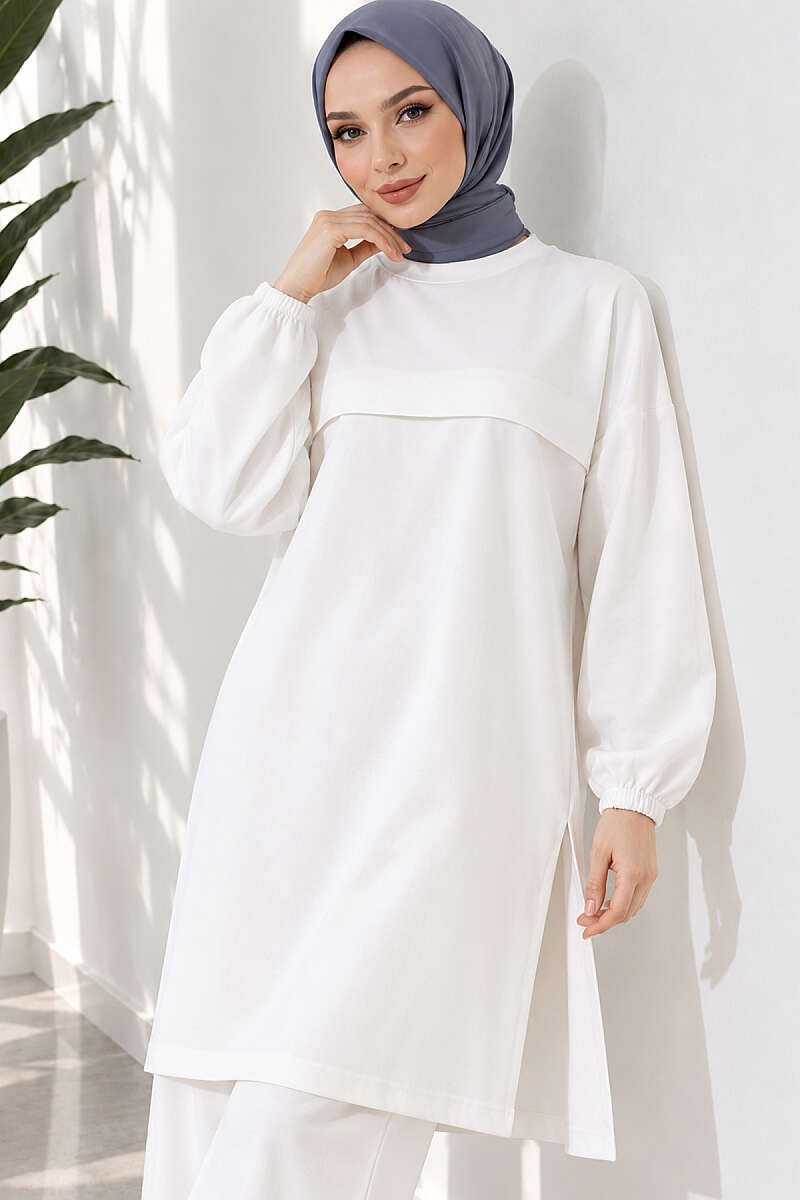 Long Two-Piece Set with Slits - White