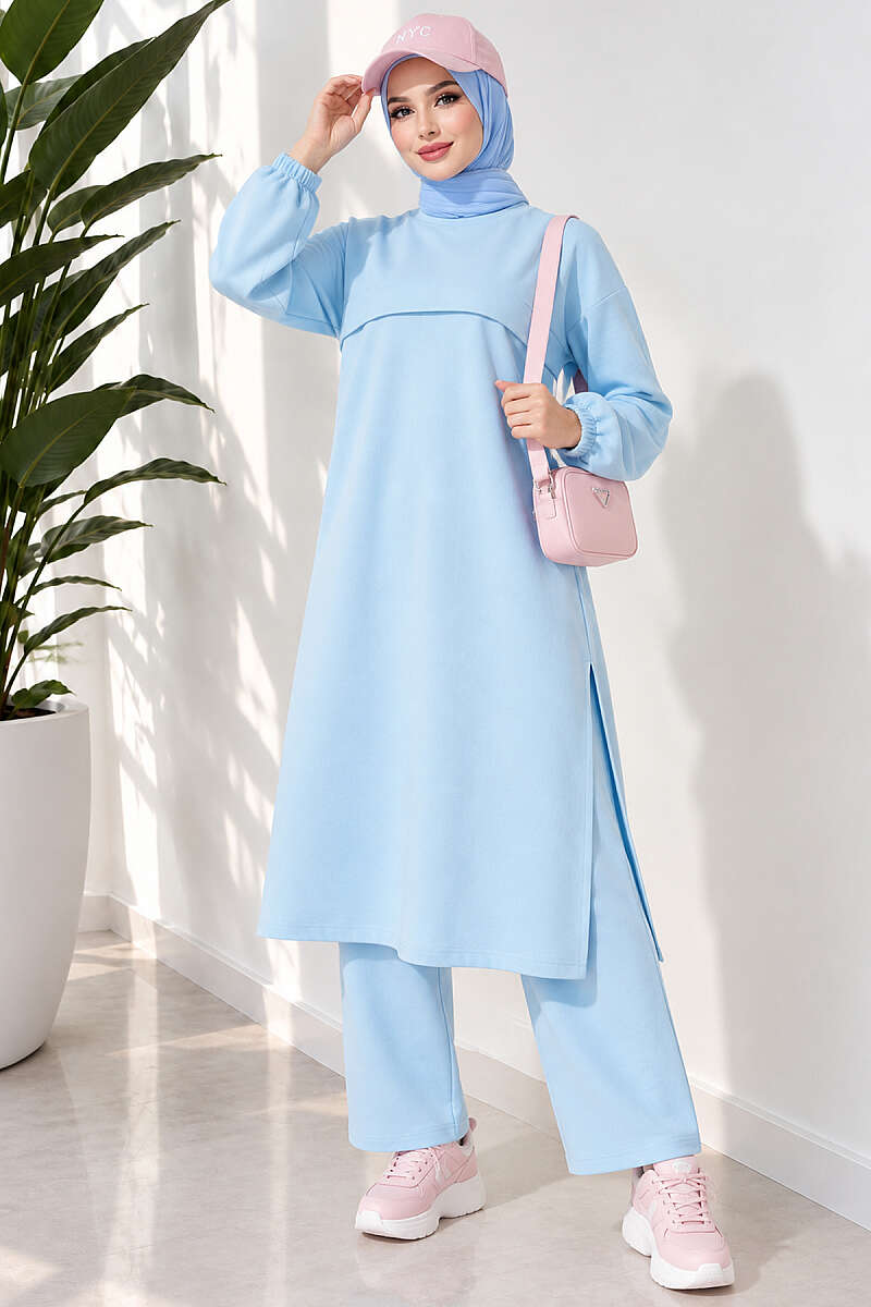 Long Two-Piece Set with Slits - Ice Blue