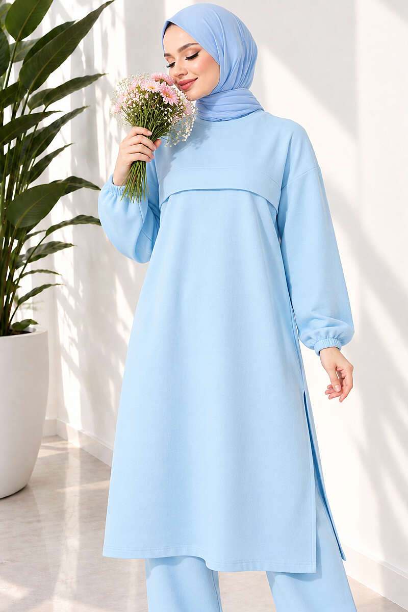 Long Two-Piece Set with Slits - Ice Blue