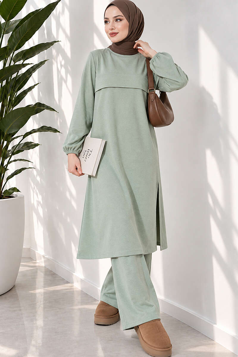 Long Two-Piece Set with Slits - Almond Green