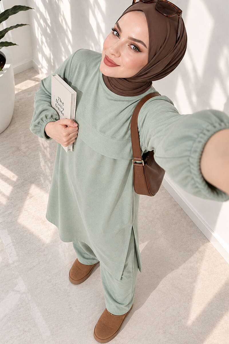 Long Two-Piece Set with Slits - Almond Green