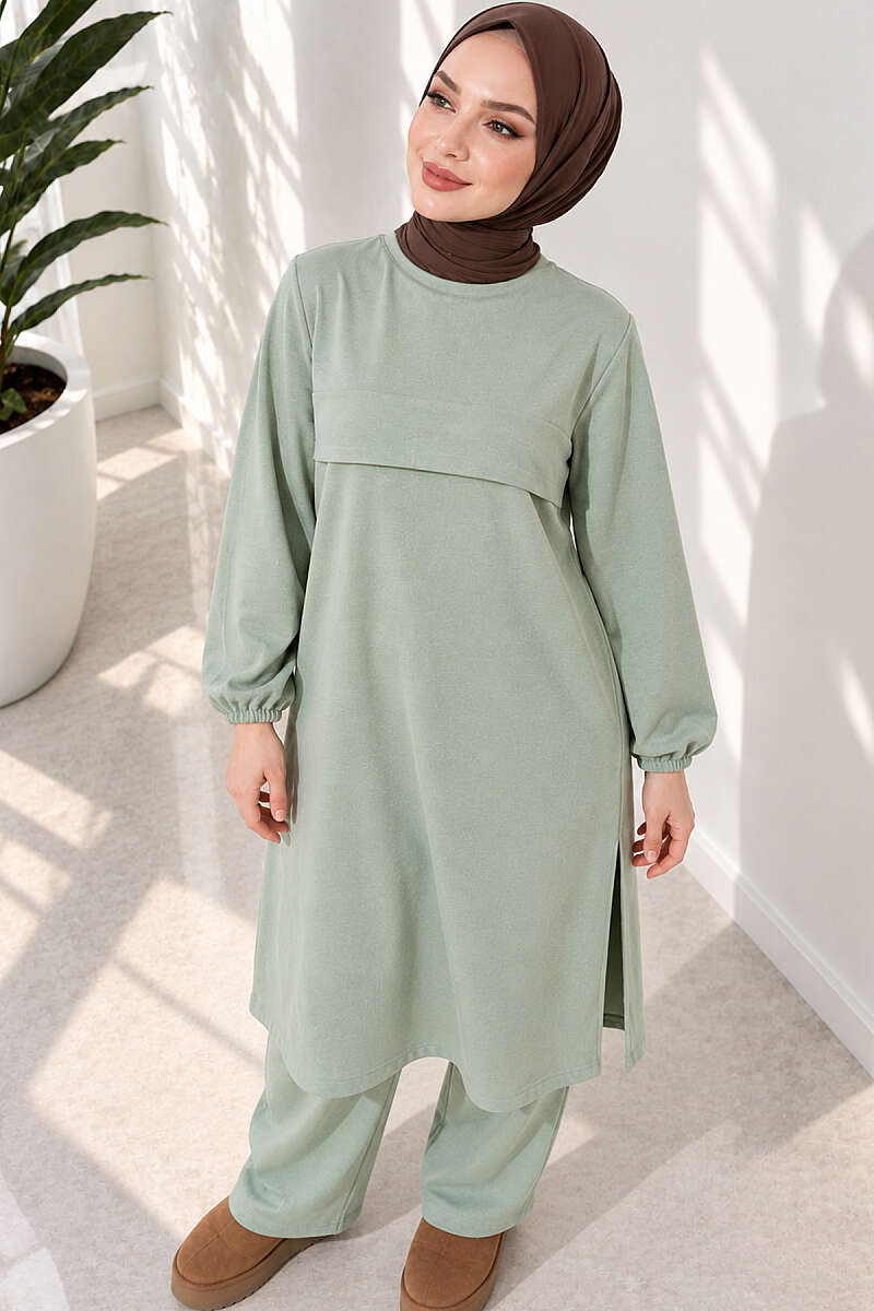 Long Two-Piece Set with Slits - Almond Green