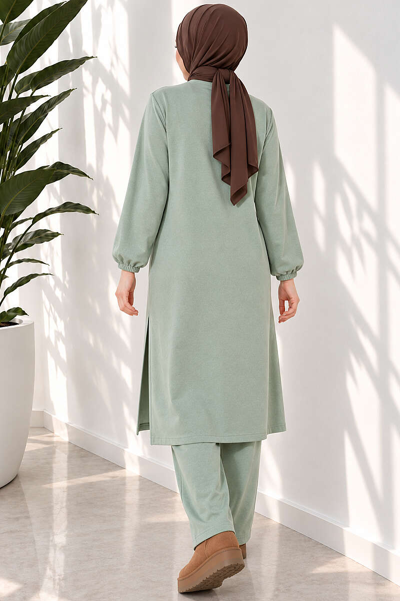 Long Two-Piece Set with Slits - Almond Green