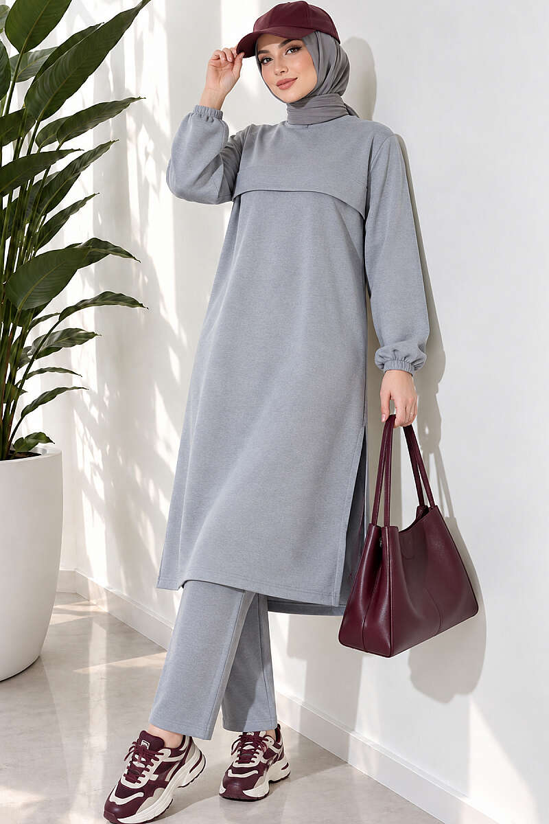 Long Two-Piece Set with Slits - Grey
