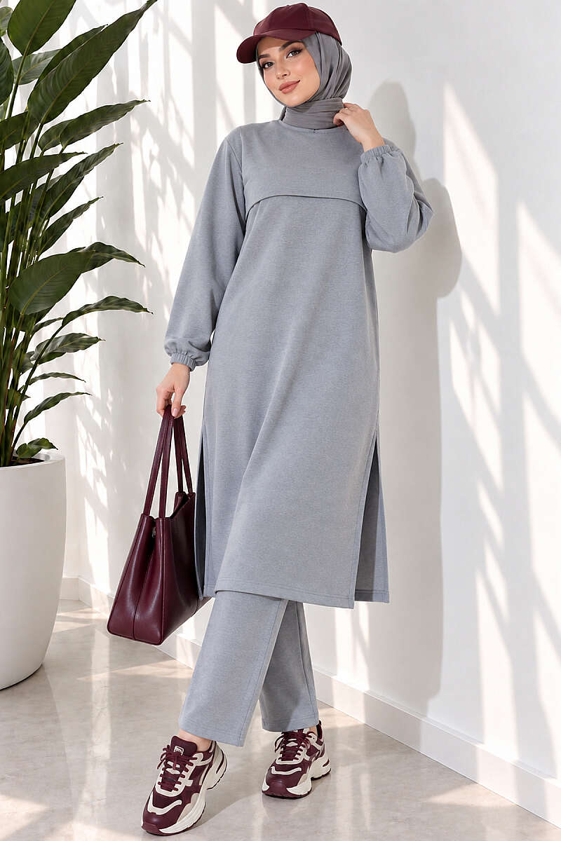 Long Two-Piece Set with Slits - Grey