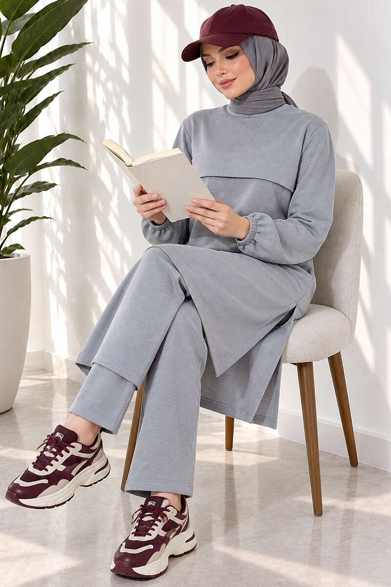 Long Two-Piece Set with Slits - Grey