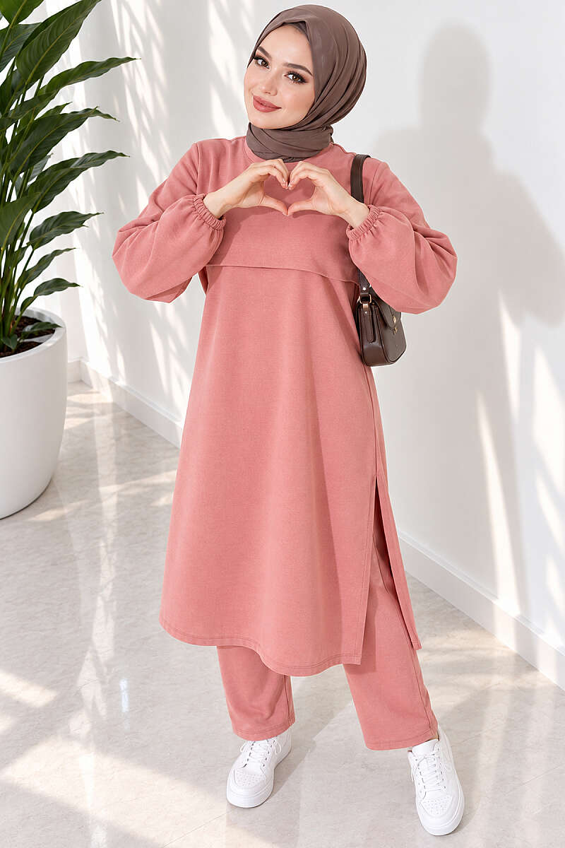 Long Two-Piece Set with Slits - Dusty Rose