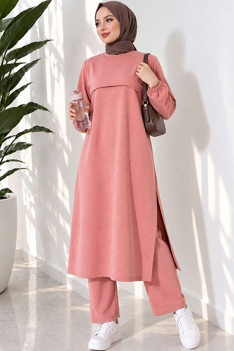 Long Two-Piece Set with Slits - Dusty Rose