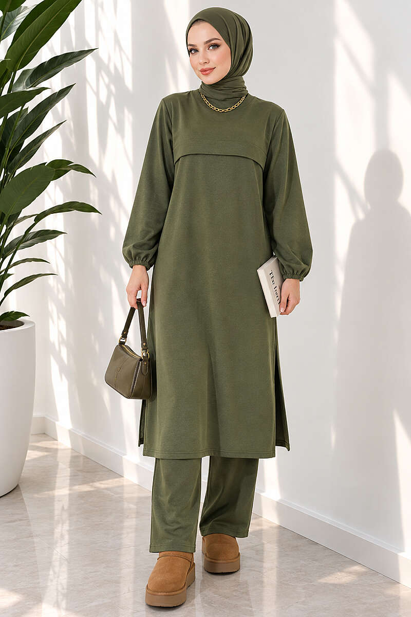 Long Two-Piece Set with Slits - Khaki