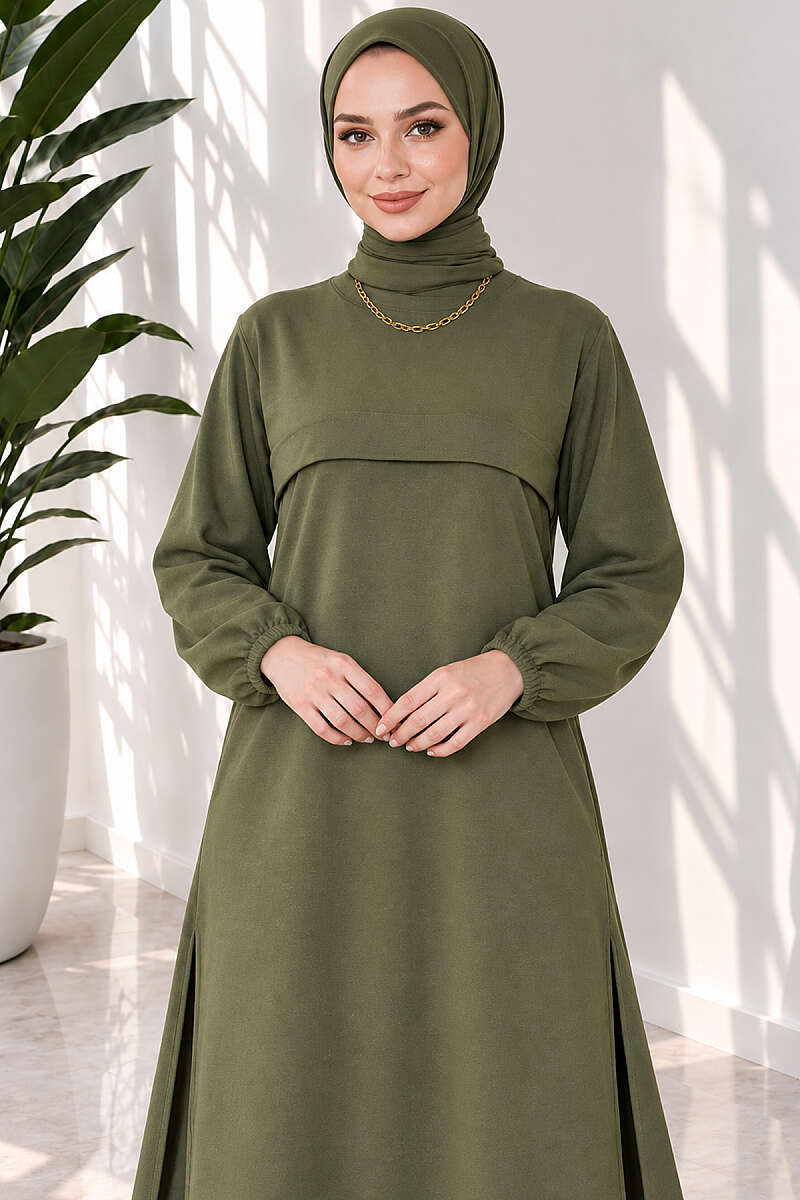 Long Two-Piece Set with Slits - Khaki