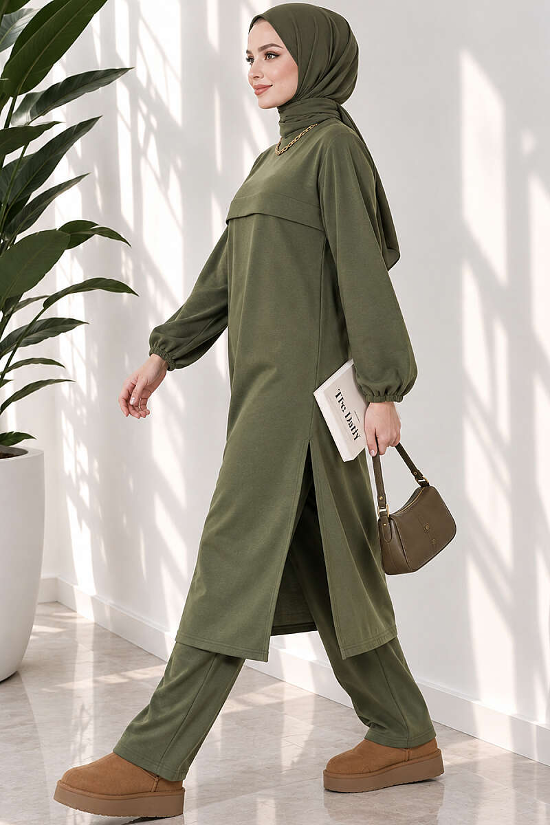 Long Two-Piece Set with Slits - Khaki