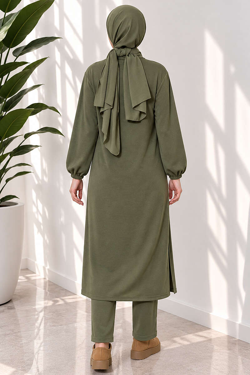 Long Two-Piece Set with Slits - Khaki