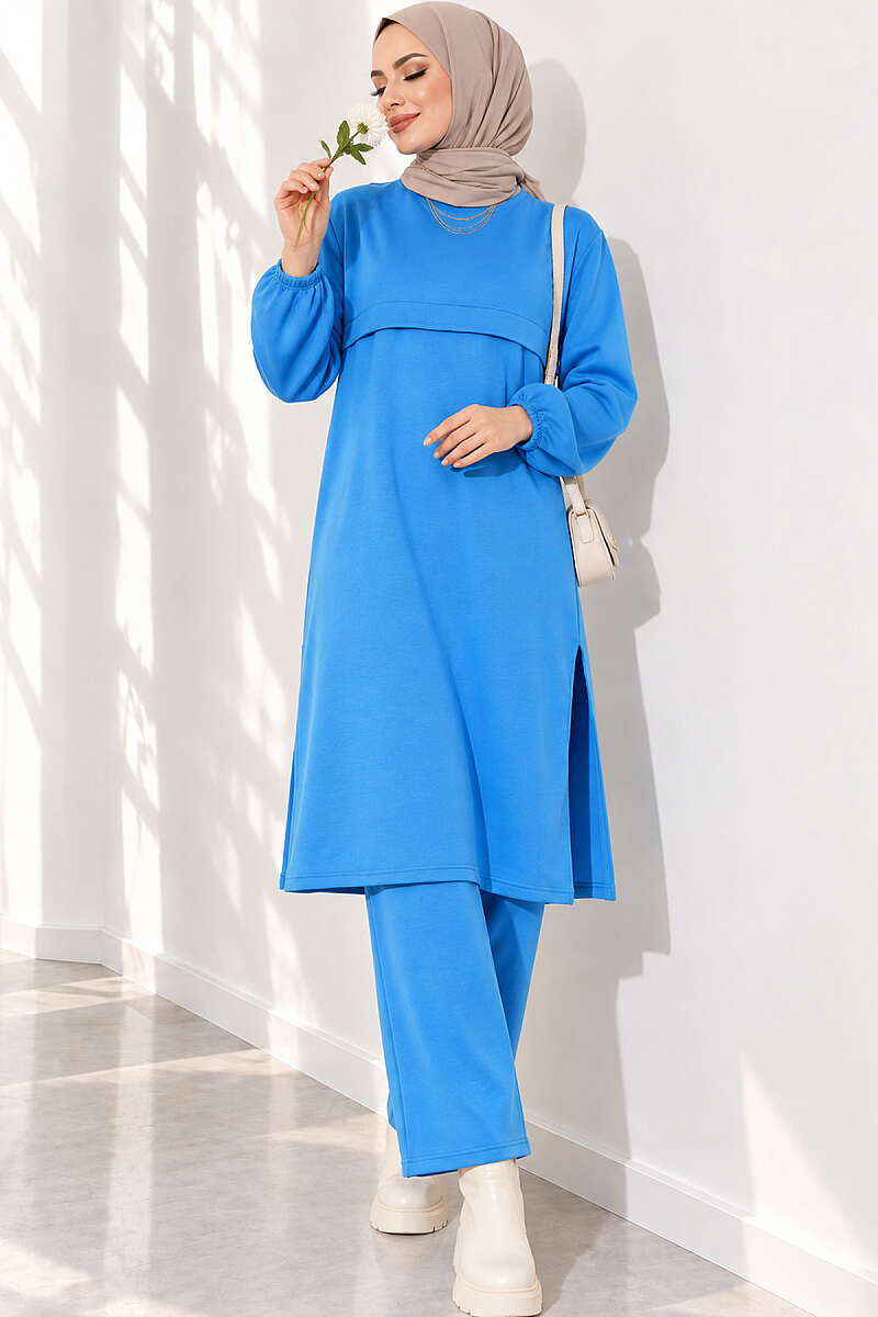 Long Two-Piece Set with Slits - Indigo