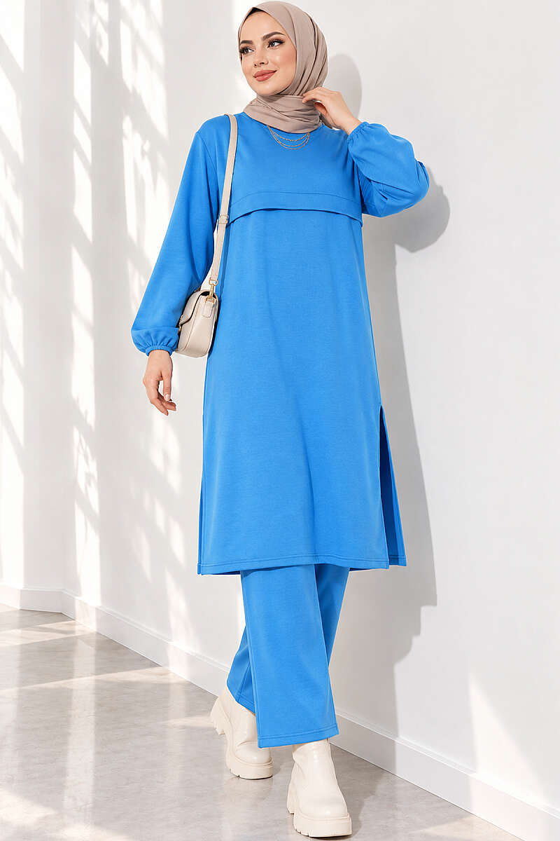 Long Two-Piece Set with Slits - Indigo