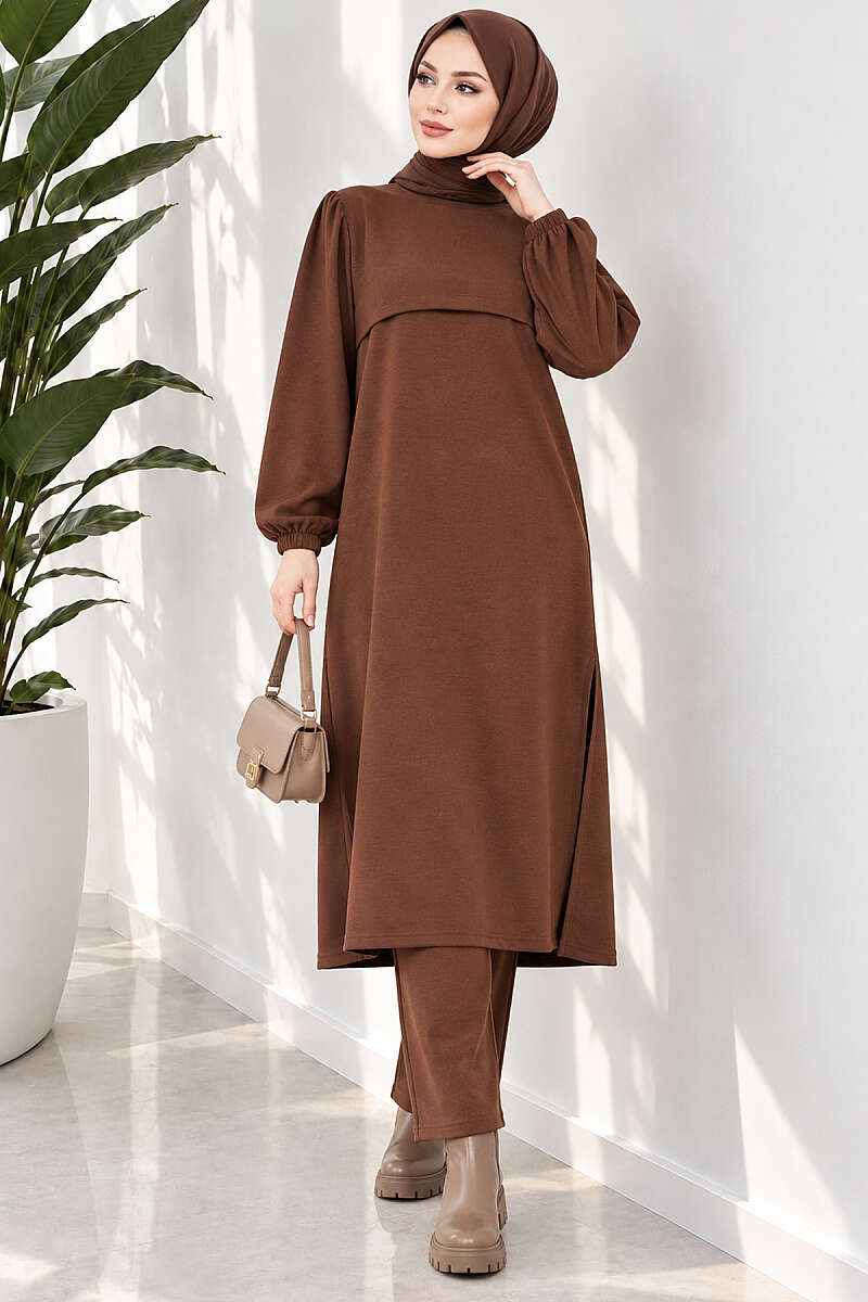 Long Two-Piece Set with Slits - Brown