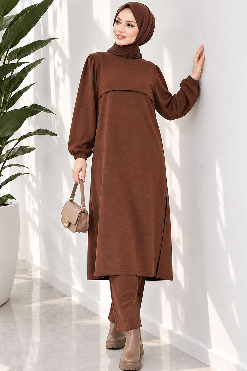 Long Two-Piece Set with Slits - Brown