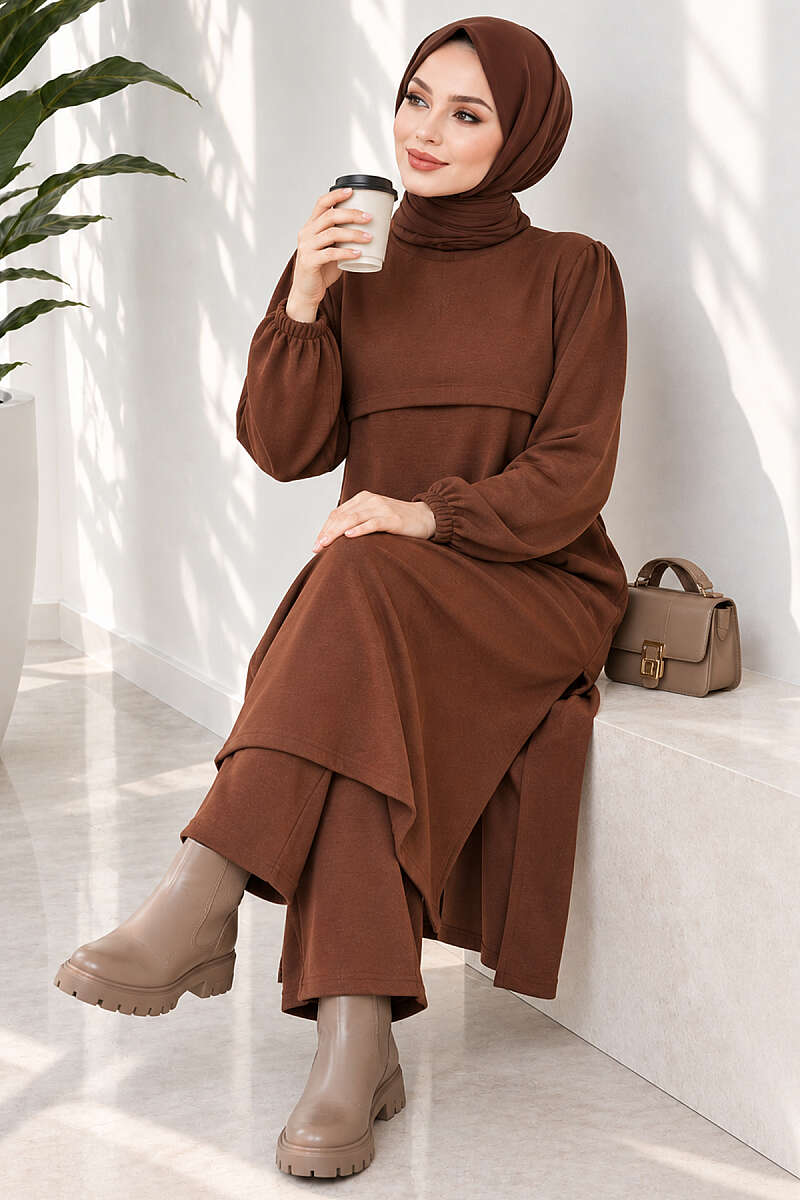 Long Two-Piece Set with Slits - Brown