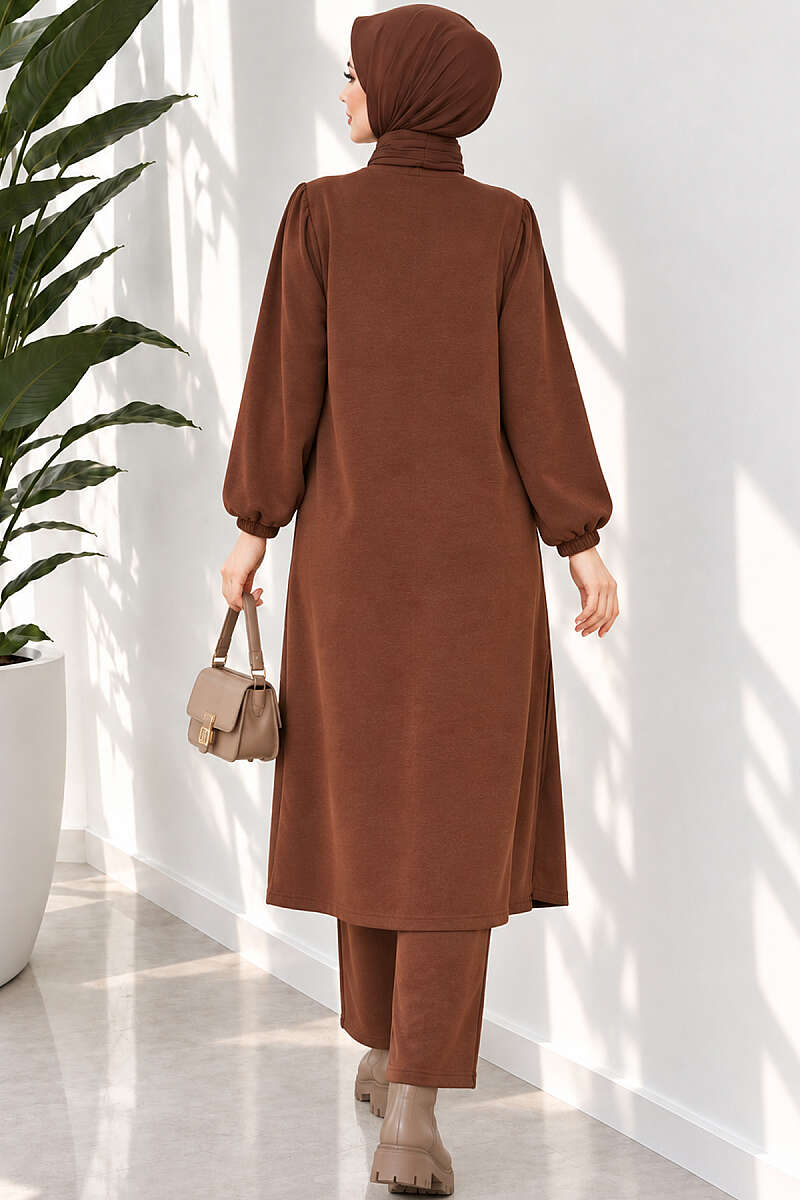 Long Two-Piece Set with Slits - Brown
