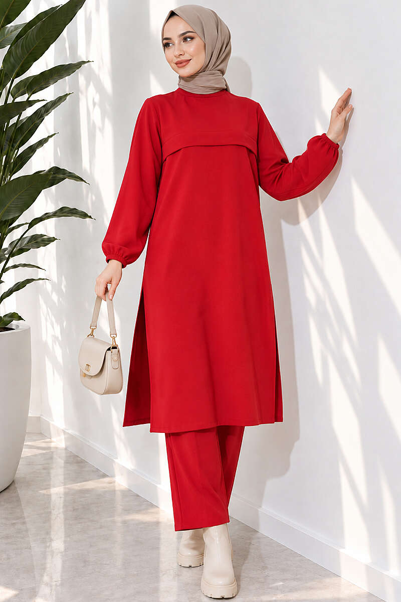 Long Two-Piece Set with Slits - Red