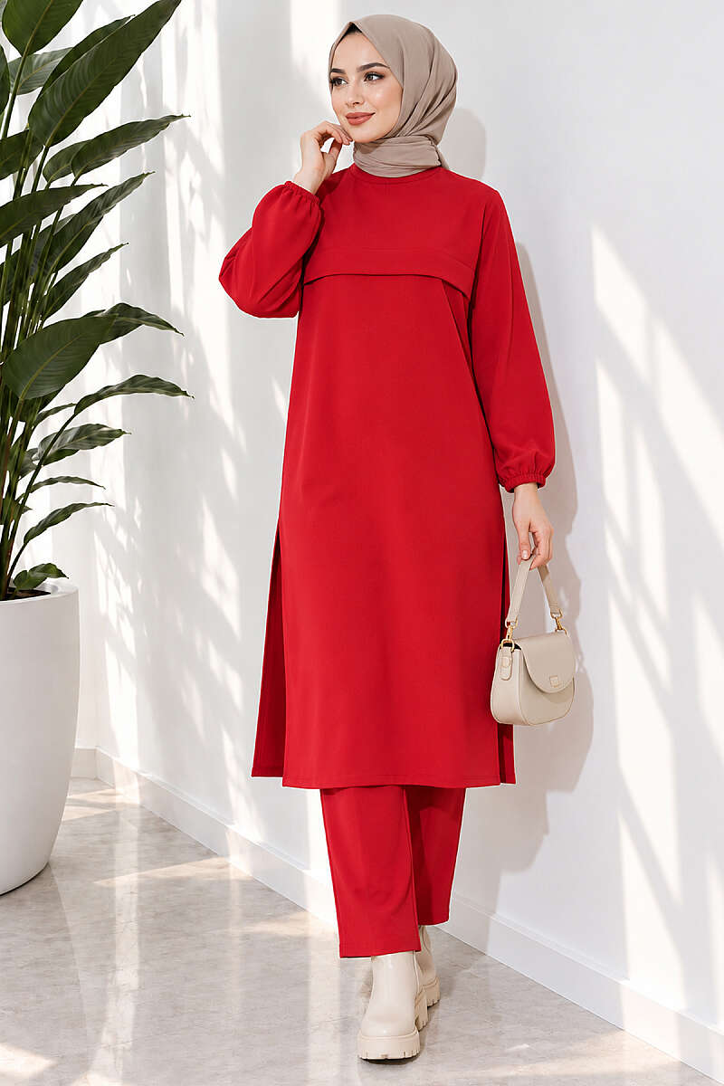 Long Two-Piece Set with Slits - Red