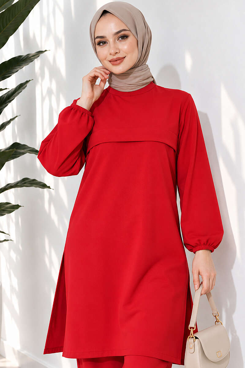 Long Two-Piece Set with Slits - Red
