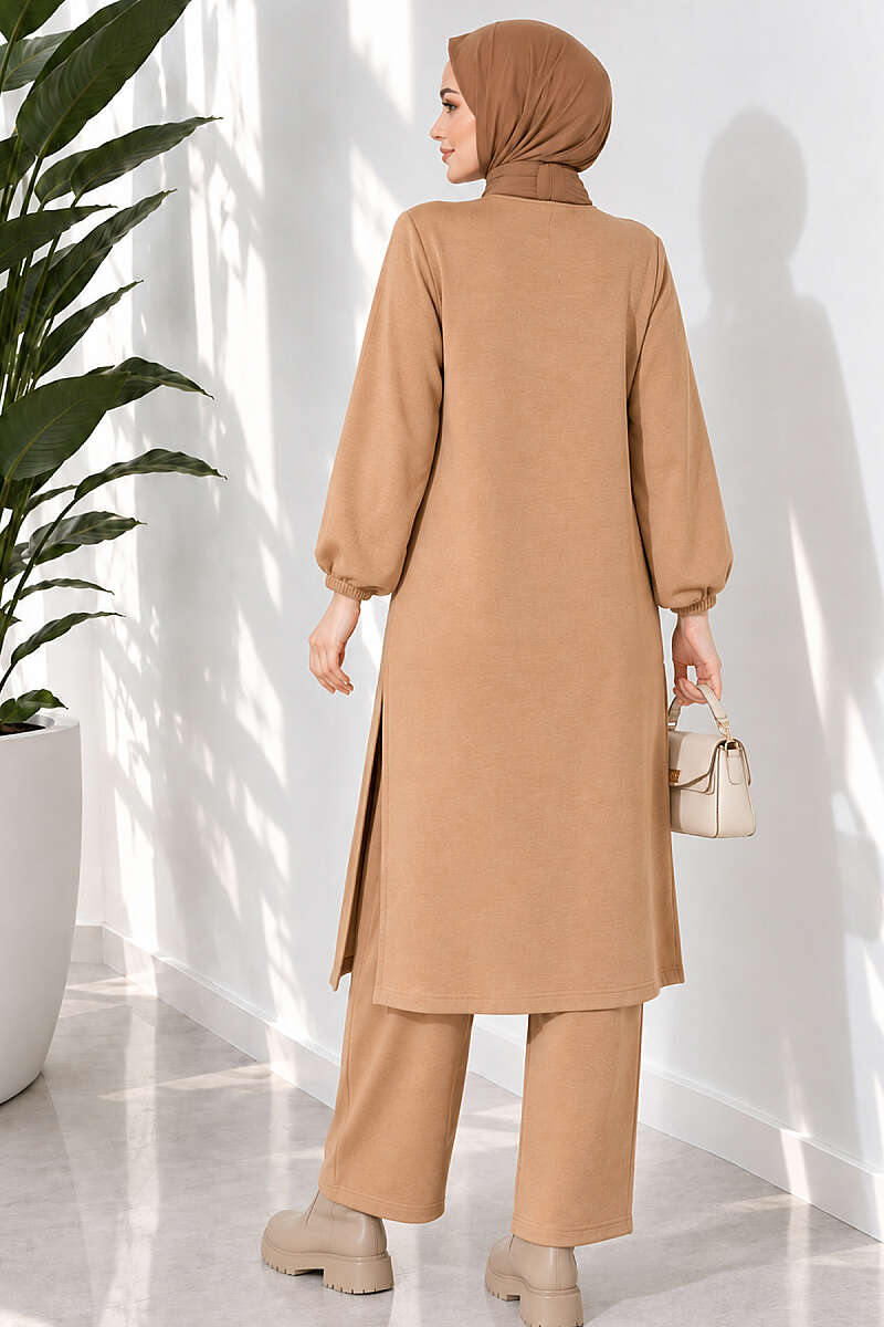 Long Two-Piece Set with Slits - Latte