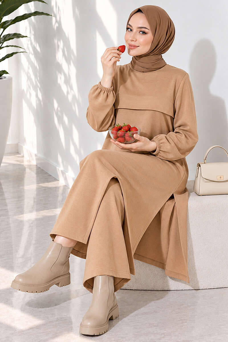Long Two-Piece Set with Slits - Latte