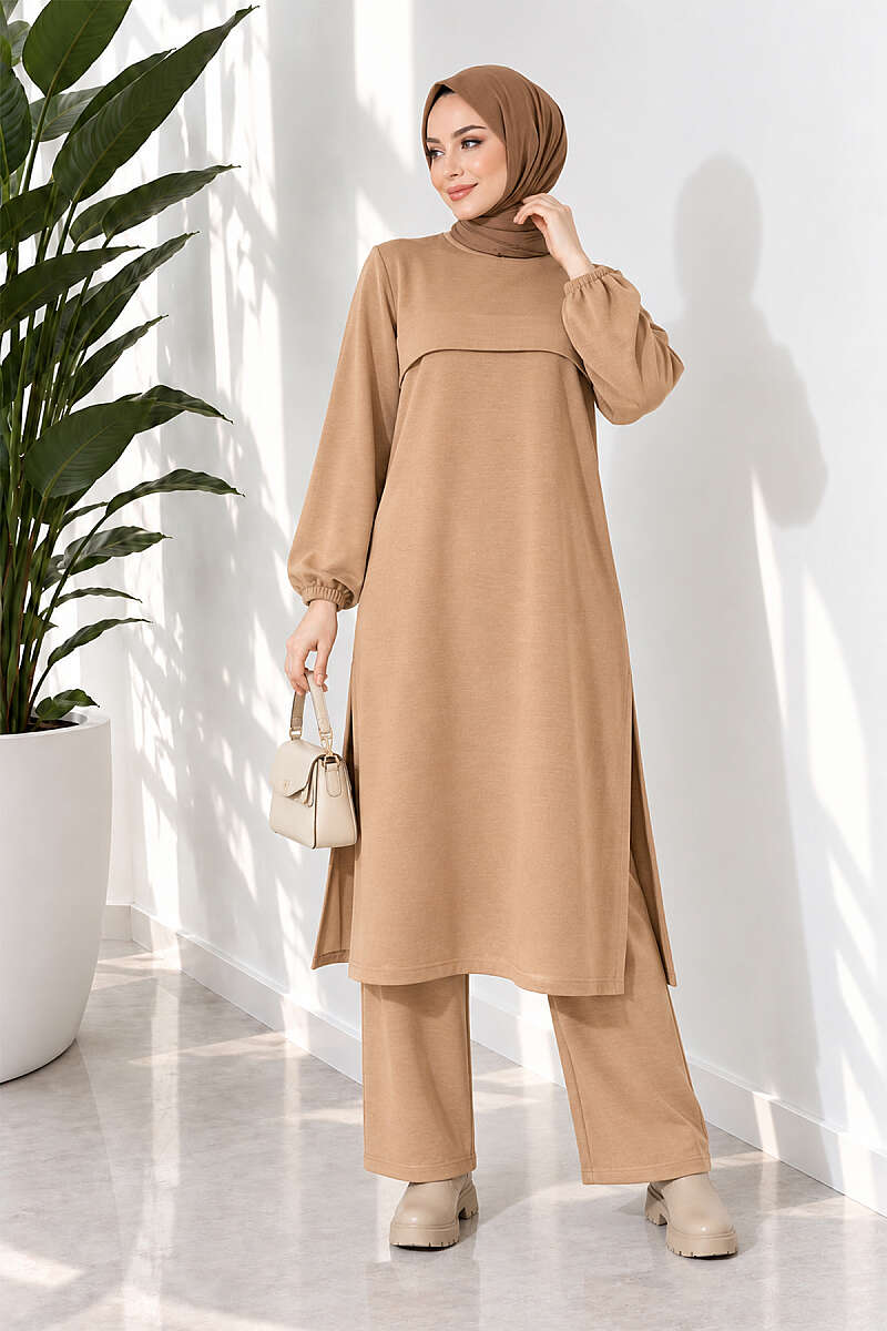 Long Two-Piece Set with Slits - Latte