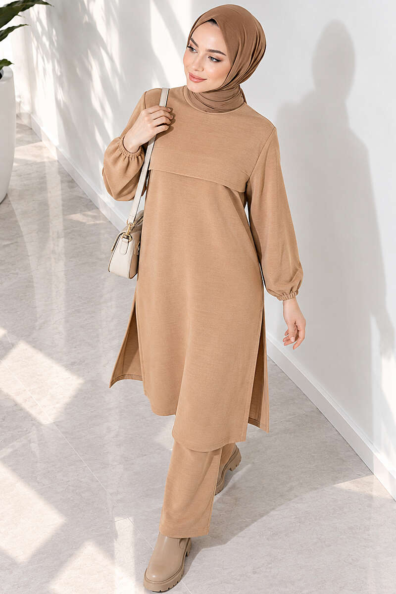 Long Two-Piece Set with Slits - Latte
