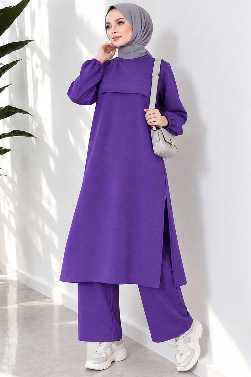 Long Two-Piece Set with Slits - Purple