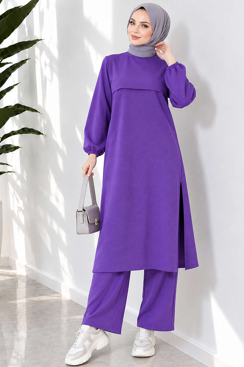 Long Two-Piece Set with Slits - Purple