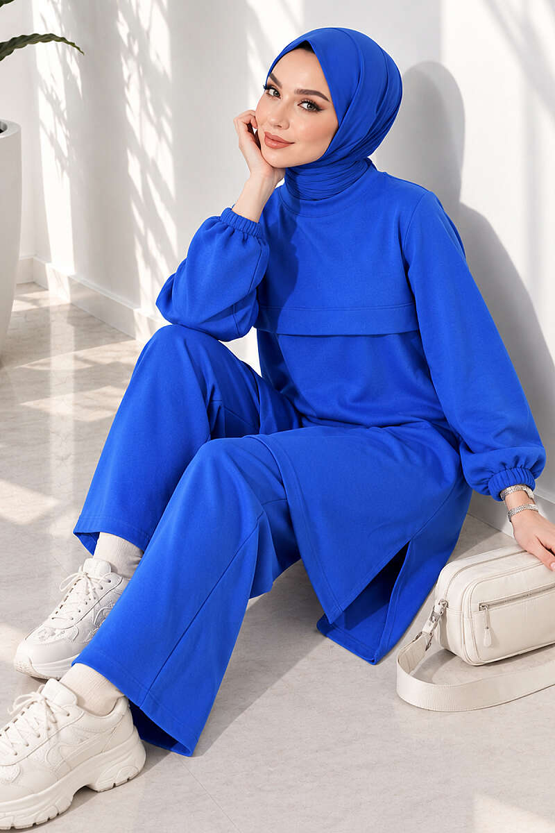 Long Two-Piece Set with Slits - Saxe Blue