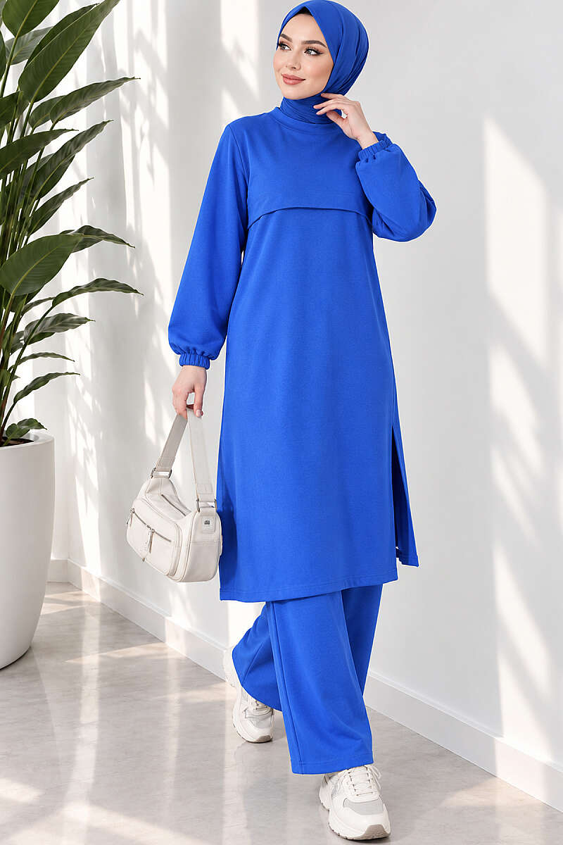 Long Two-Piece Set with Slits - Saxe Blue