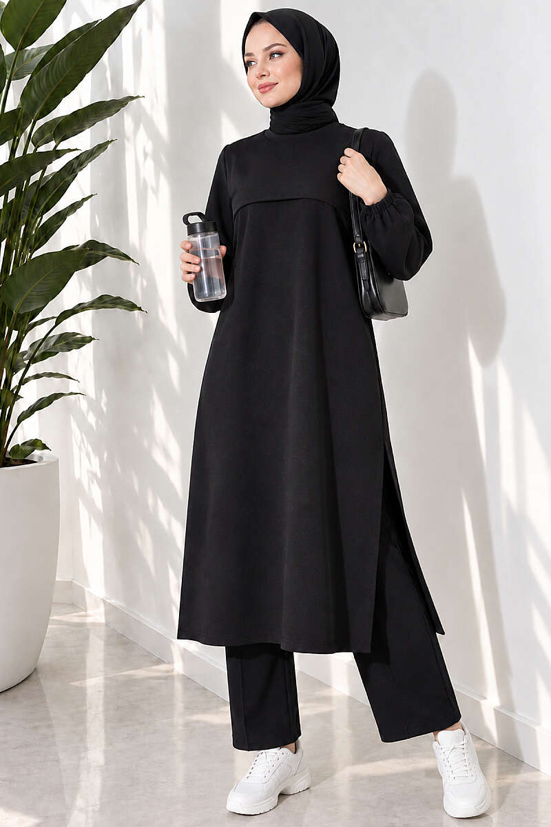Long Two-Piece Set with Slits - Black