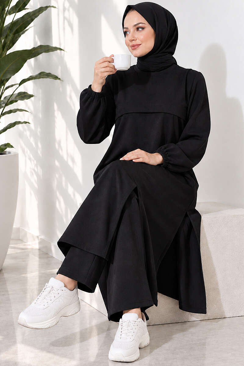 Long Two-Piece Set with Slits - Black