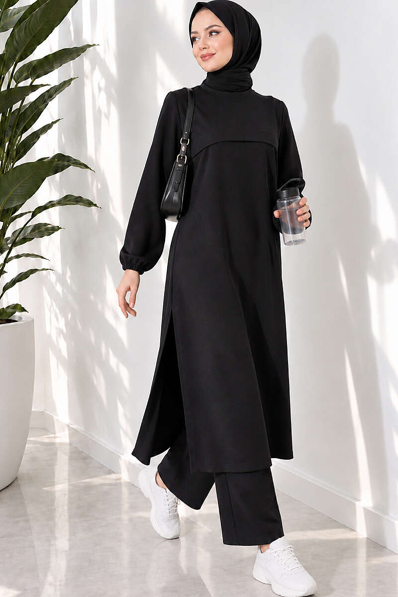 Long Two-Piece Set with Slits - Black