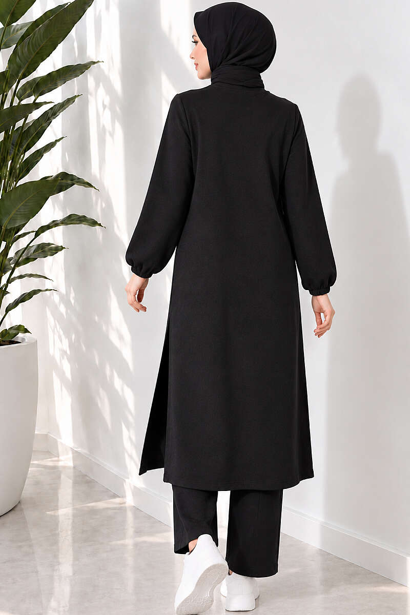 Long Two-Piece Set with Slits - Black