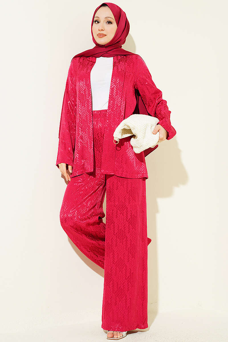 Shawl-Collar Jacquard Two-Piece Set - Burgundy